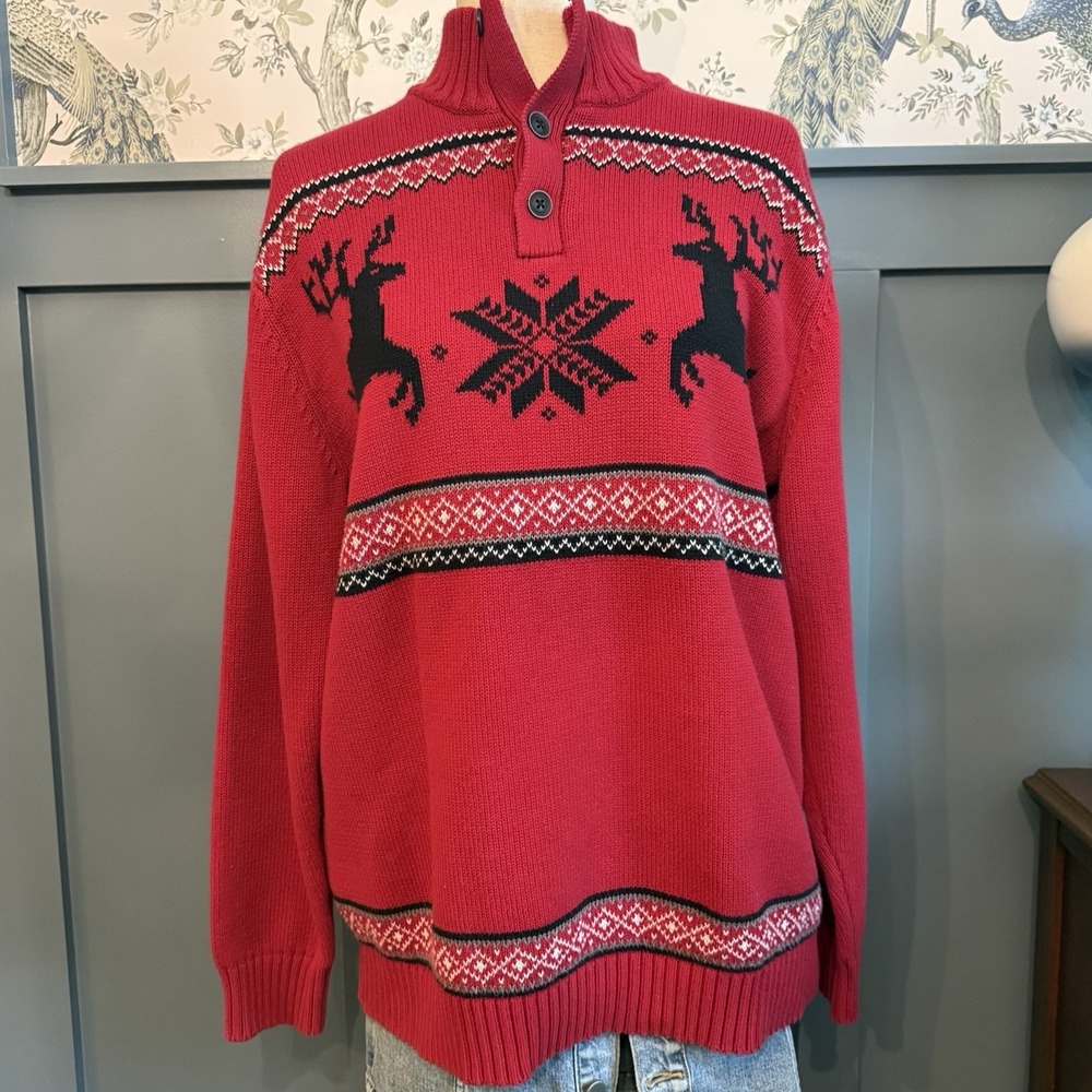 Alan Flusser Men's XL Red Reindeer Fair Isle Christmas Sweater‎ Quarter Button